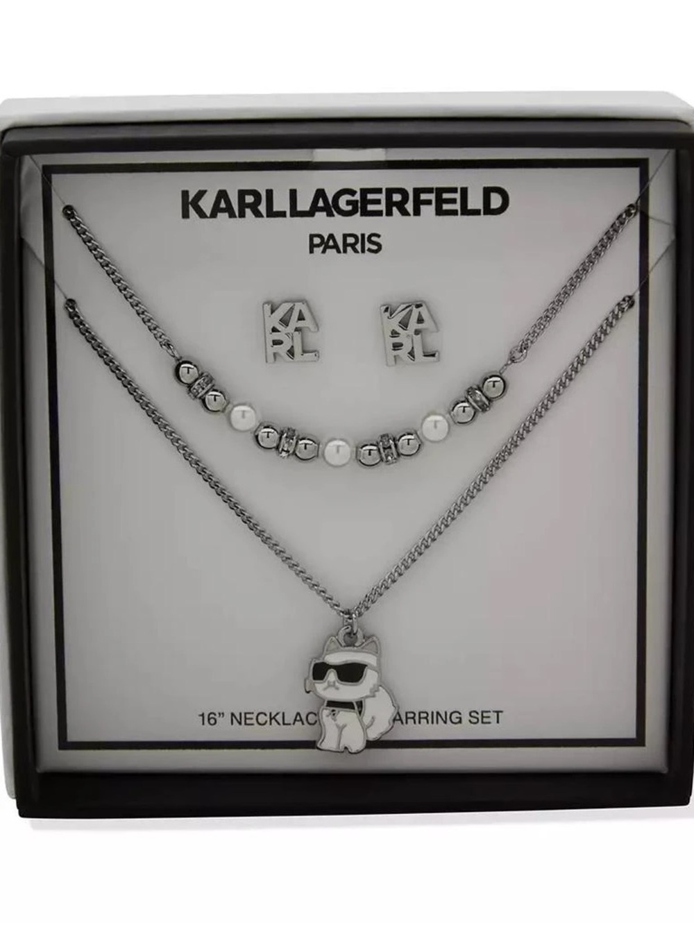 Karl Lagerfeld Choupette Cat Pendant Adorned Necklace with Stud Earrings, NWOT